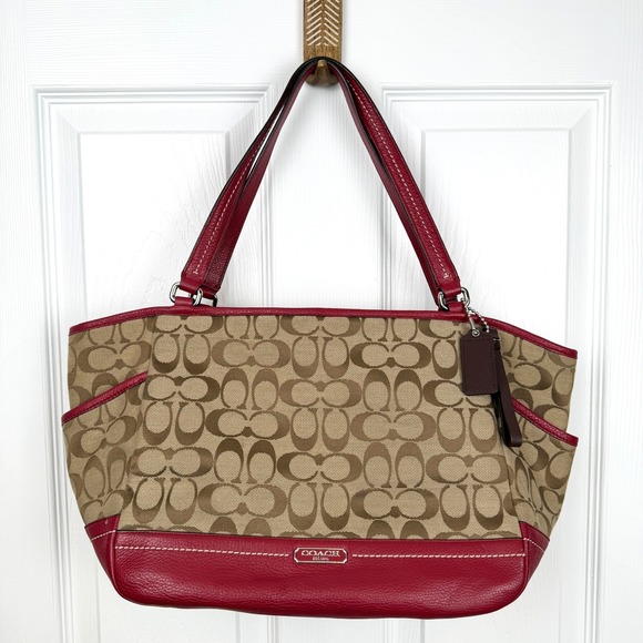 Coach Signature Monogram Tote Bag Red Leather Trim Designer Y2K